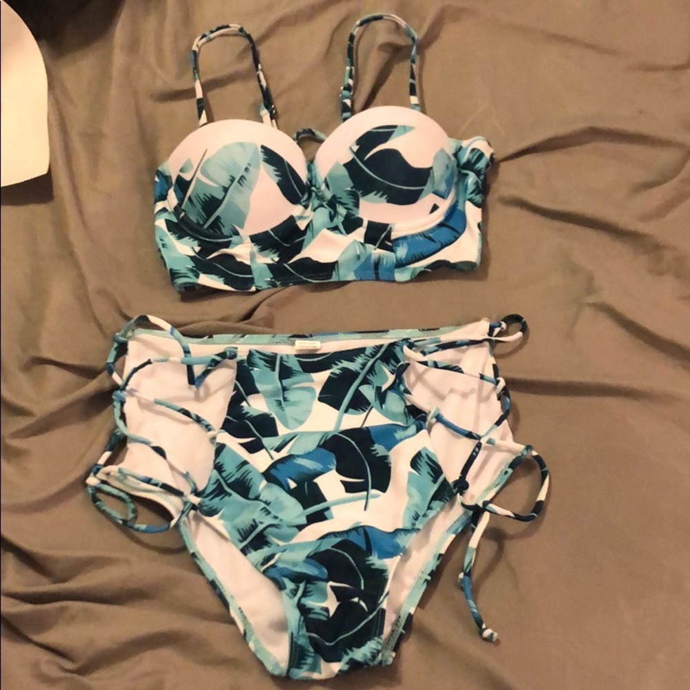 Tropical blue print high waisted swim swit